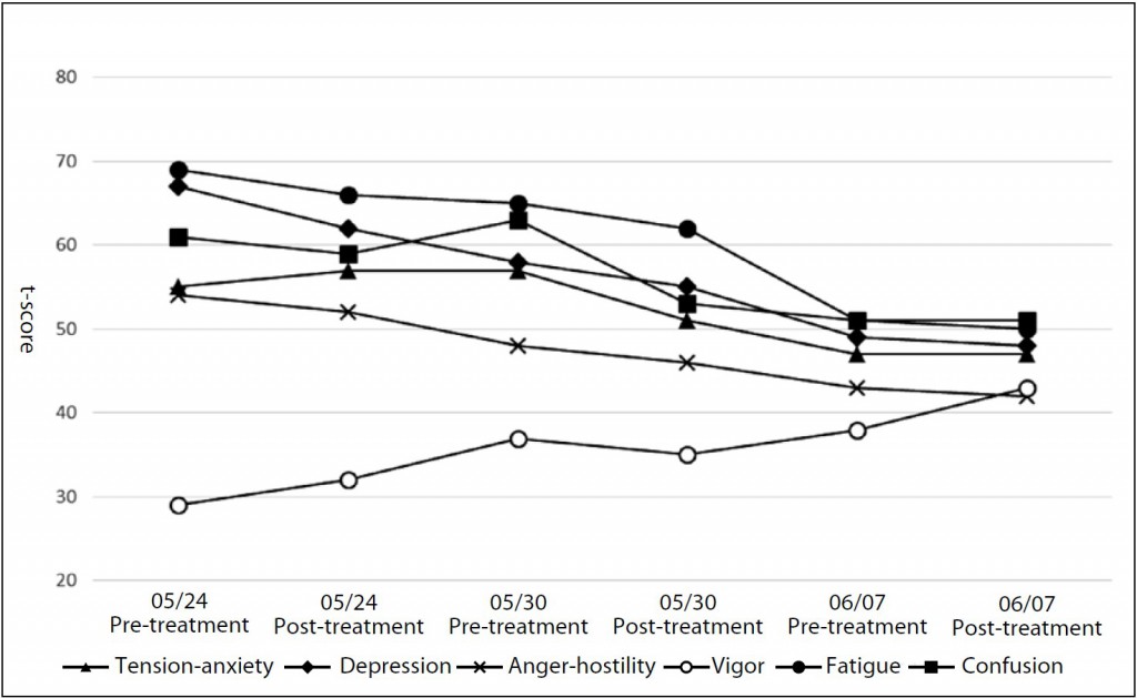 Fig. 1. Changes in t-scores for six POMS factors